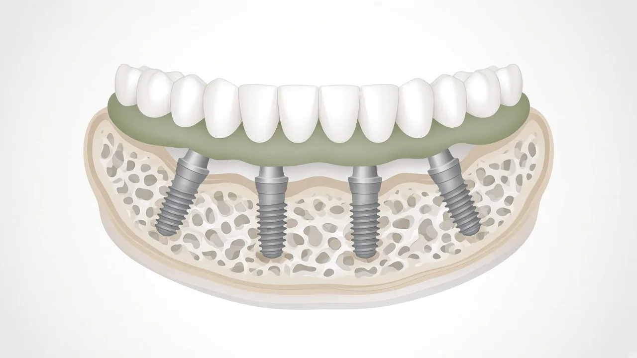 Full-arch bridge on four angled implants in a lower jaw cutaway, Lynnwood.