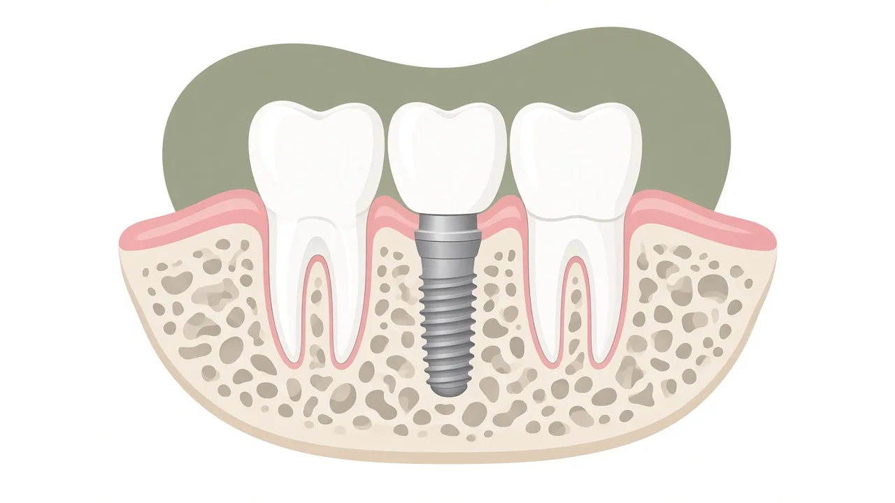 Cross-section of a dental implant in the jaw beside natural teeth, datdental Lynnwood.