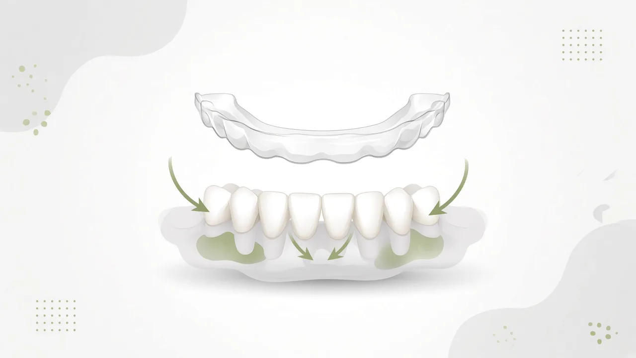 Clear aligner over teeth with arrows showing gentle movement into alignment.