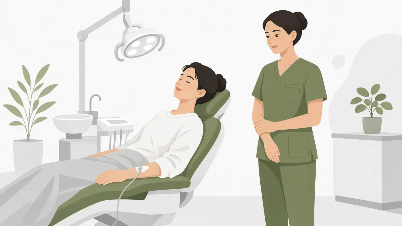 Relaxed patient with IV sedation in a dental chair beside a calm clinician.
