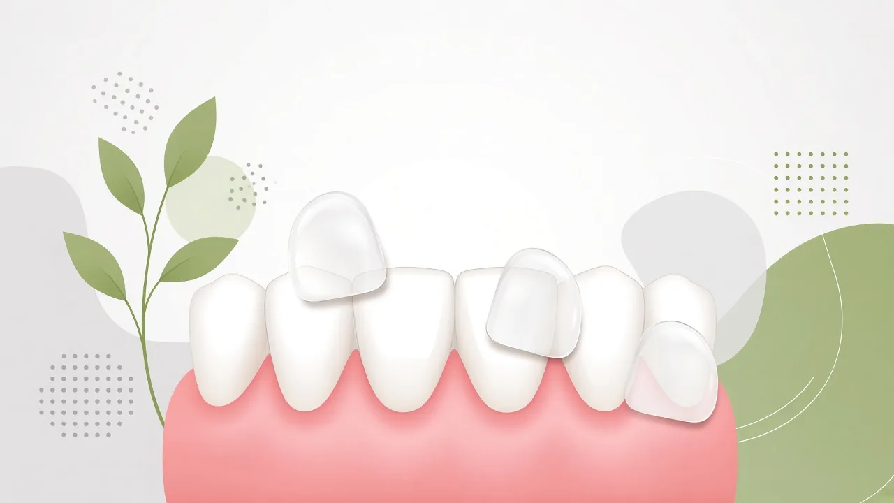Thin porcelain veneer shells being placed on upper front teeth.